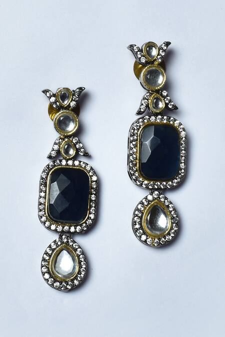 Shop_Nayaab By Aleezeh_Black Stones Geometric Embellished Necklace Set_Online_at_Aza_Fashions