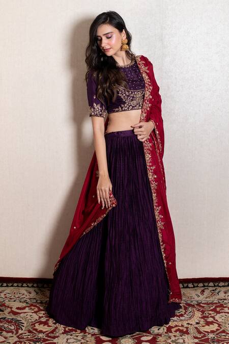 Kesar Studio Purple Bamboo, Silk Embroidery Round Pleated Lehenga And Flower Zari Blouse Set Online at Aza Fashions Kesar Studio_Purple Bamboo, Silk Embroidery Round Pleated Lehenga And Flower Zari Blouse Set_Online_at_Aza_Fashions