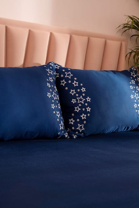 LA Paloma Blue 100% Tencel Embroidered Solid Bedsheet Set Online at Aza Fashions LA Paloma_Blue 100% Tencel Embroidered Solid Bedsheet Set_Online_at_Aza_Fashions