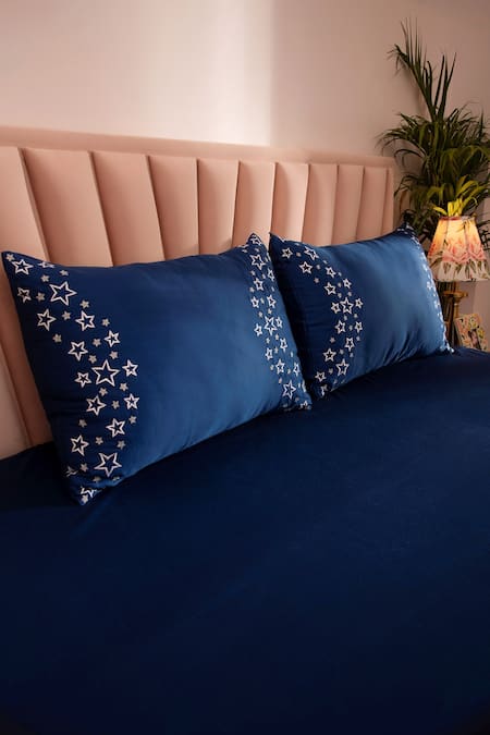 Buy LA Paloma Blue 100% Tencel Embroidered Solid Bedsheet Set Online at Aza Fashions Buy_LA Paloma_Blue 100% Tencel Embroidered Solid Bedsheet Set_Online_at_Aza_Fashions