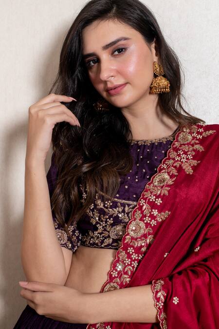 Buy Kesar Studio Purple Bamboo, Silk Embroidery Round Pleated Lehenga And Flower Zari Blouse Set Online at Aza Fashions Buy_Kesar Studio_Purple Bamboo, Silk Embroidery Round Pleated Lehenga And Flower Zari Blouse Set_Online_at_Aza_Fashions