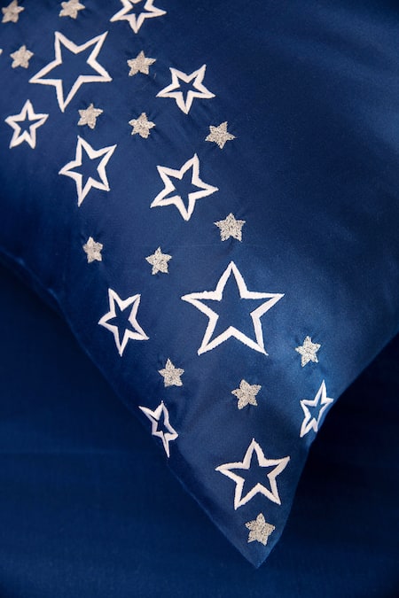 Shop LA Paloma Blue 100% Tencel Embroidered Solid Bedsheet Set Online at Aza Fashions Shop_LA Paloma_Blue 100% Tencel Embroidered Solid Bedsheet Set_Online_at_Aza_Fashions