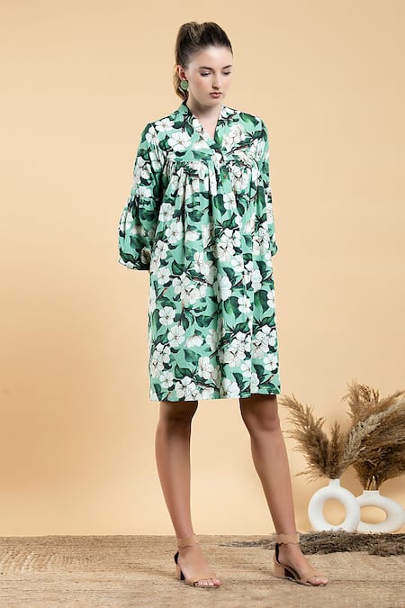 Shop Divi By Sonal Khandelwal Green Cotton Embroidery V-neck Wild Apple Print Shirt Dress Online at Aza Fashions Shop_Divi By Sonal Khandelwal_Green Cotton Embroidery V-neck Wild Apple Print Shirt Dress _Online_at_Aza_Fashions