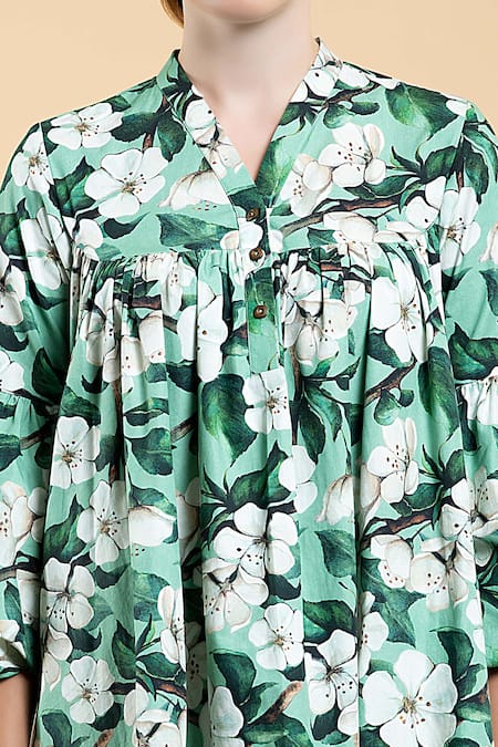 Divi By Sonal Khandelwal Green Cotton Embroidery V-neck Wild Apple Print Shirt Dress at Aza Fashions Divi By Sonal Khandelwal_Green Cotton Embroidery V-neck Wild Apple Print Shirt Dress _at_Aza_Fashions