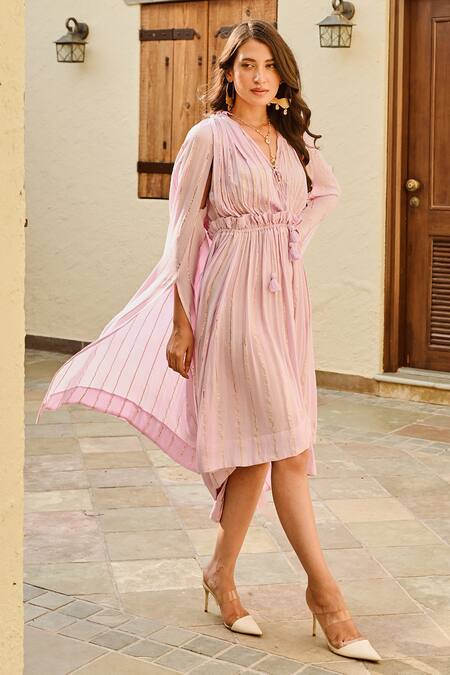 Shop Palak & Mehak Purple Rayon, Crepe, Lurex Tassels V-neck Zoe Exaggerated Cape Sleeve Dress Online at Aza Fashions Shop_Palak & Mehak_Purple Rayon, Crepe, Lurex Tassels V-neck Zoe Exaggerated Cape Sleeve Dress _Online_at_Aza_Fashions