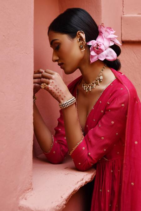 Deep Thee_Red Chanderi Cut Work, Zari, Sequins V-neck Embroidered Peplum Angrakha Set _Online_at_Aza_Fashions