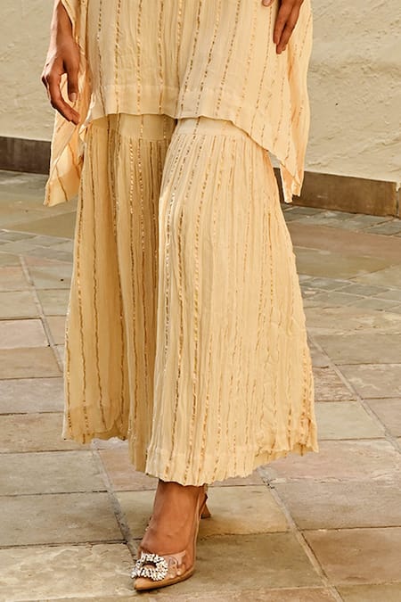 Buy_Palak & Mehak_Ivory Rayon, Crepe, Lurex Gota Patti V-neck Mira Kaftan Top With Sharara 