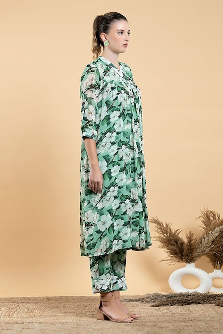 Buy_Divi By Sonal Khandelwal_Green Georgette, Viscose V-neck Wild Apple Printed Tunic And Pant Set _Online_at_Aza_Fashions