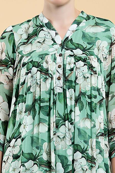 Shop_Divi By Sonal Khandelwal_Green Georgette, Viscose V-neck Wild Apple Printed Tunic And Pant Set _Online_at_Aza_Fashions
