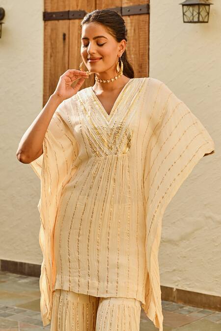 Shop_Palak & Mehak_Ivory Rayon, Crepe, Lurex Gota Patti V-neck Mira Kaftan Top With Sharara _Online_at_Aza_Fashions