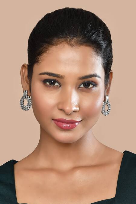 Shop_Nayaab By Aleezeh_Silver Plated Stones Geometric Studded Earrings_Online_at_Aza_Fashions