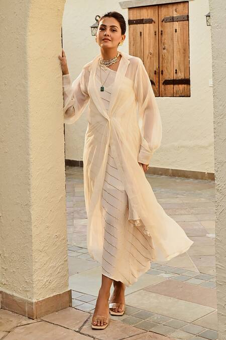 Palak & Mehak Ivory Rayon, Crepe, Organza Gota Samara One Shoulder Dress With Cape Jacket Online at Aza Fashions Palak & Mehak_Ivory Rayon, Crepe, Organza Gota Samara One Shoulder Dress With Cape Jacket _Online_at_Aza_Fashions