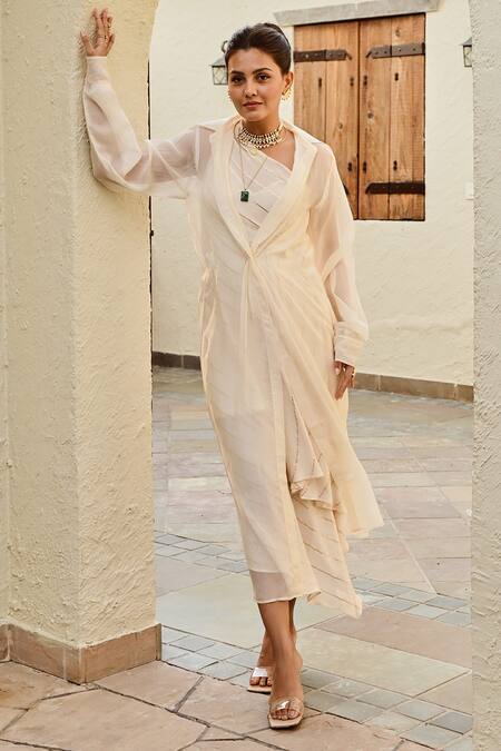 Buy Palak & Mehak Ivory Rayon, Crepe, Organza Gota Samara One Shoulder Dress With Cape Jacket Online at Aza Fashions Buy_Palak & Mehak_Ivory Rayon, Crepe, Organza Gota Samara One Shoulder Dress With Cape Jacket _Online_at_Aza_Fashions