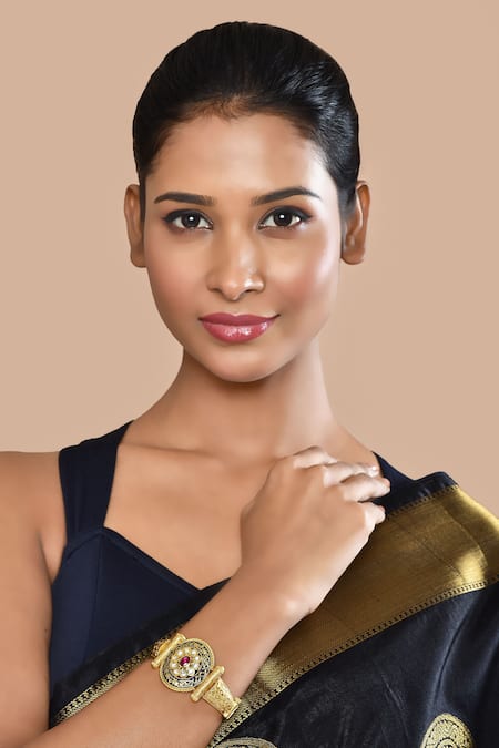 Nayaab By Aleezeh_Gold Plated Stones Carved Floral Pattern Bracelet_at_Aza_Fashions