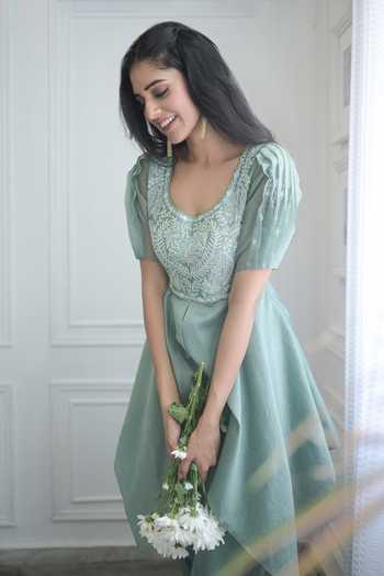 Shop_PIRI INDIA_Green Organza, Chanderi, Satin Hand Embroidered Peplum Top And Dhoti Pant Set _Online_at_Aza_Fashions