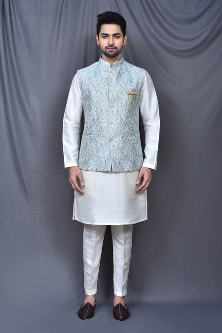 Arihant Rai Sinha_Blue Bundi And Kurta Silk Blend Embroidered Floral Thread Work & Contrast Set_at_Aza_Fashions