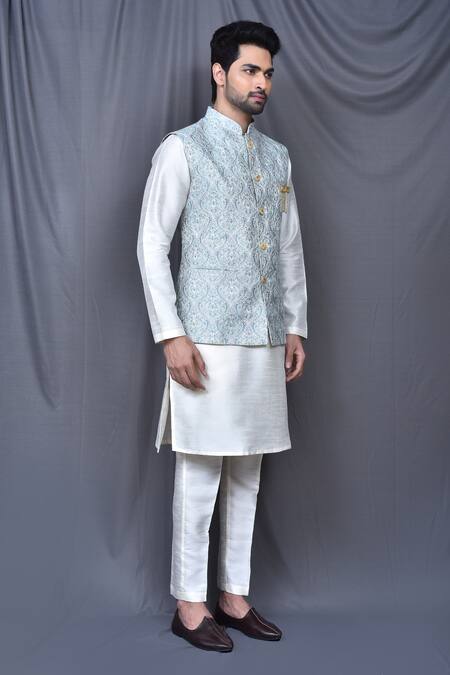 Shop_Arihant Rai Sinha_Blue Bundi And Kurta Silk Blend Embroidered Floral Thread Work & Contrast Set