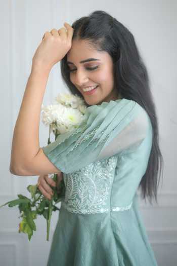 PIRI INDIA_Green Organza, Chanderi, Satin Hand Embroidered Peplum Top And Dhoti Pant Set _at_Aza_Fashions