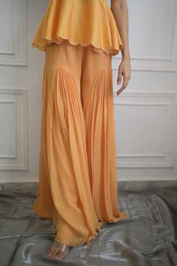 PIRI INDIA_Yellow Chanderi, Georgette Embroidery, Scalloped Peplum Top And Sharara Set _Online_at_Aza_Fashions