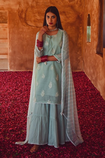 Karaj Jaipur_Blue Dupatta Chiffon, Kurta Chanderi, Sharara Cotton Flower Embroidered Set _Online_at_Aza_Fashions