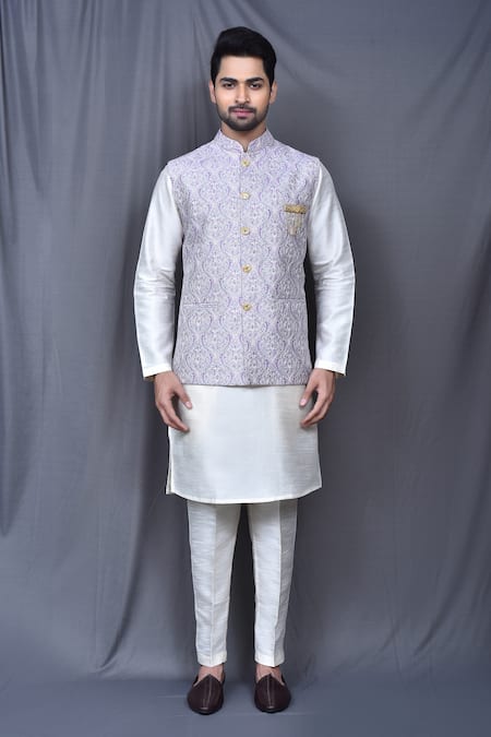 Arihant Rai Sinha_Purple , Satin Embroidery Floral Thread Work Bundi And Kurta Set _at_Aza_Fashions