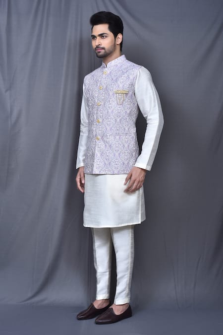 Buy_Arihant Rai Sinha_Purple , Satin Embroidery Floral Thread Work Bundi And Kurta Set 