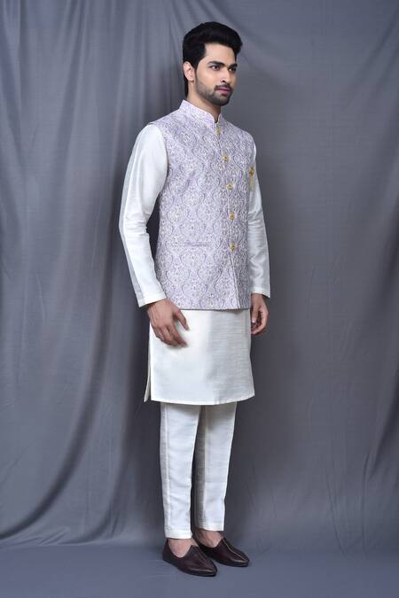 Shop_Arihant Rai Sinha_Purple , Satin Embroidery Floral Thread Work Bundi And Kurta Set 