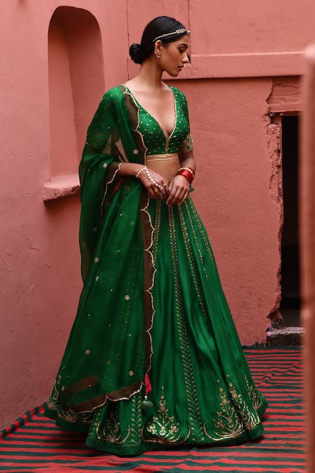 Deep Thee_Green Silk, Organza Embroidery, Sequins V-neck Stripe Bridal Lehenga Set _Online_at_Aza_Fashions