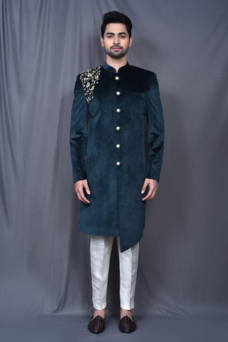 Shop_Arihant Rai Sinha_Green Velvet, Silk Embroidery Asymmetric Sherwani And Pant Set _Online_at_Aza_Fashions