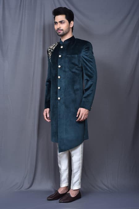 Arihant Rai Sinha_Green Velvet, Silk Embroidery Asymmetric Sherwani And Pant Set _at_Aza_Fashions