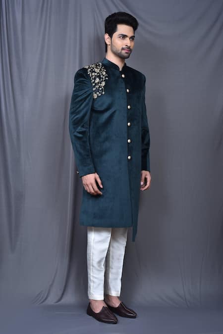 Buy_Arihant Rai Sinha_Green Velvet, Silk Embroidery Asymmetric Sherwani And Pant Set 