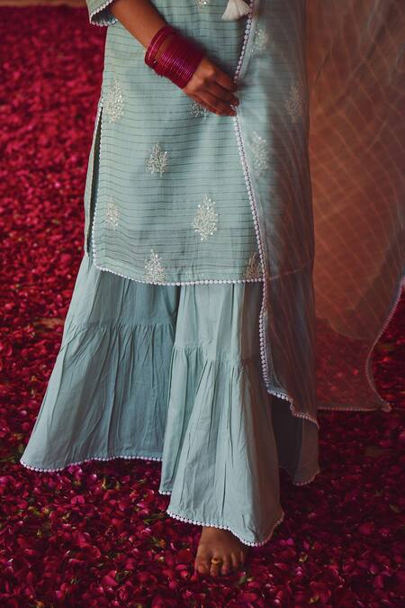 Buy_Karaj Jaipur_Blue Dupatta Chiffon, Kurta Chanderi, Sharara Cotton Flower Embroidered Set _Online_at_Aza_Fashions