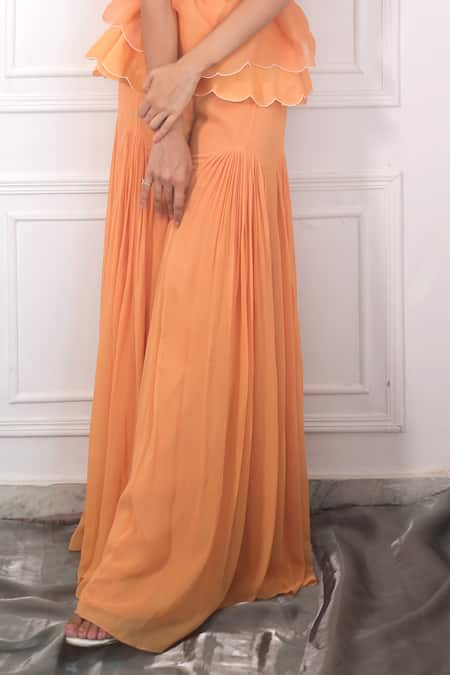 Buy_PIRI INDIA_Yellow Organza, Georgette, Chanderi Sequins, Pearls, Beads, Top Sharara Set _Online_at_Aza_Fashions