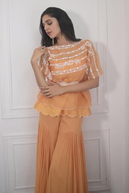 Shop_PIRI INDIA_Yellow Organza, Georgette, Chanderi Sequins, Pearls, Beads, Top Sharara Set _Online_at_Aza_Fashions