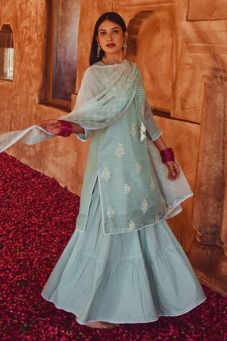 Shop_Karaj Jaipur_Blue Dupatta Chiffon, Kurta Chanderi, Sharara Cotton Flower Embroidered Set _Online_at_Aza_Fashions