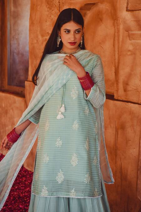 Karaj Jaipur_Blue Dupatta Chiffon, Kurta Chanderi, Sharara Cotton Flower Embroidered Set _at_Aza_Fashions