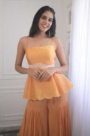 Buy_PIRI INDIA_Yellow Chanderi, Georgette Embroidery, Scalloped Peplum Top And Sharara Set _Online_at_Aza_Fashions