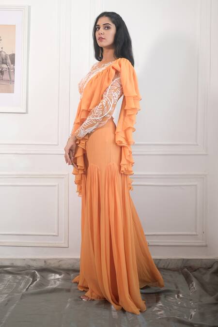 Buy_PIRI INDIA_Yellow Tulle, Georgette Sequins, Pearls, Beads, Hand Crop Top Sharara Set _Online_at_Aza_Fashions