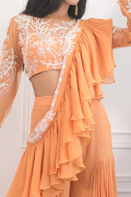 Shop_PIRI INDIA_Yellow Tulle, Georgette Sequins, Pearls, Beads, Hand Crop Top Sharara Set _Online_at_Aza_Fashions