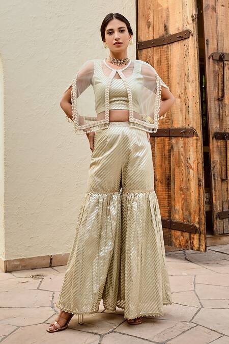 Palak & Mehak Green Net Pearls Round Neck Freya Stripe Pattern Sharara Set With Cape Online at Aza Fashions Palak & Mehak_Green Net Pearls Round Neck Freya Stripe Pattern Sharara Set With Cape _Online_at_Aza_Fashions