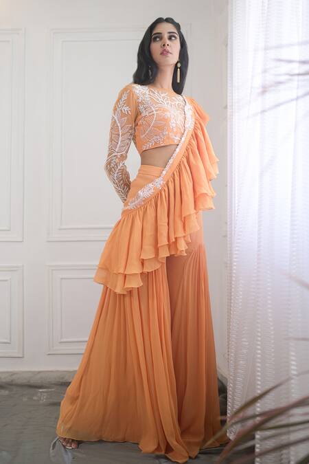 PIRI INDIA_Yellow Tulle, Georgette Sequins, Pearls, Beads, Hand Crop Top Sharara Set _at_Aza_Fashions