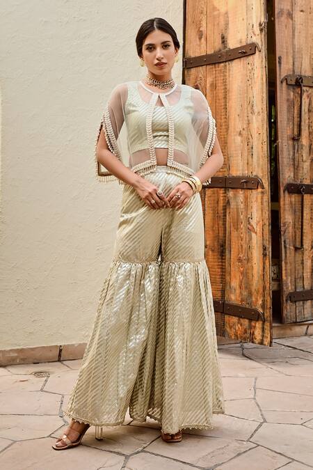 Buy Palak & Mehak Green Net Pearls Round Neck Freya Stripe Pattern Sharara Set With Cape Online at Aza Fashions Buy_Palak & Mehak_Green Net Pearls Round Neck Freya Stripe Pattern Sharara Set With Cape _Online_at_Aza_Fashions
