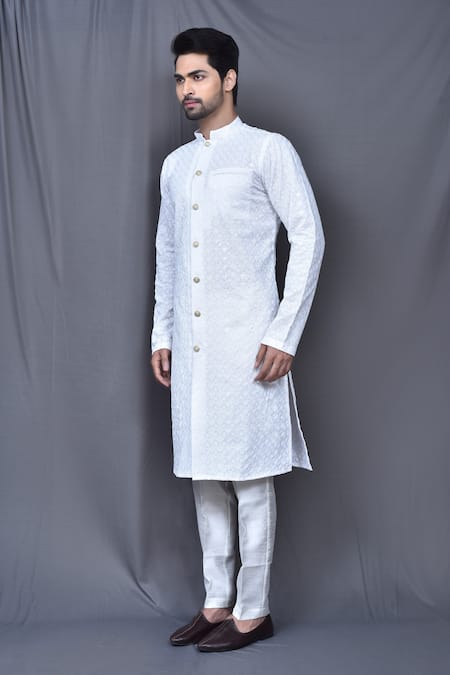 Arihant Rai Sinha_White Cotton, Brocade Embroidery Thread Work Kurta And Pant Set_at_Aza_Fashions