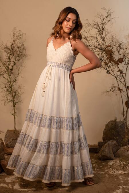 Label Reyya_White Cotton, Rayon Tassels, Sequins V-neck Chevron Print Panelled Dress_Online_at_Aza_Fashions