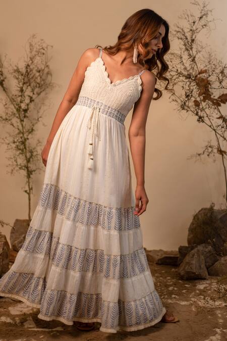 Buy_Label Reyya_White Cotton, Rayon Tassels, Sequins V-neck Chevron Print Panelled Dress_Online_at_Aza_Fashions