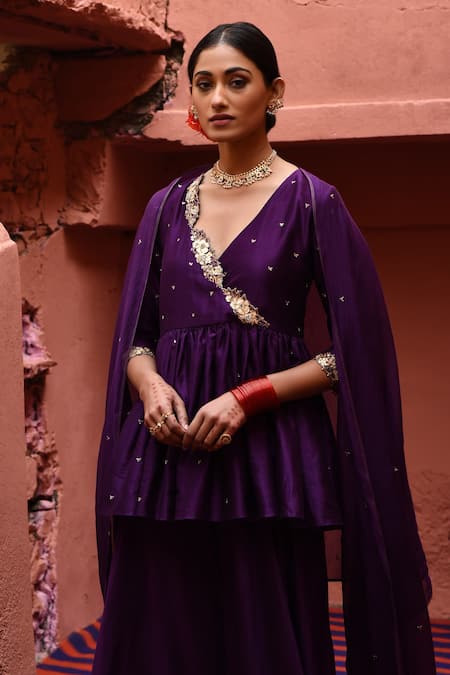Deep Thee Purple Chanderi Embroidery, Tassels V-neck Short Peplum Angrakha Set Online at Aza Fashions Deep Thee_Purple Chanderi Embroidery, Tassels V-neck Short Peplum Angrakha Set _Online_at_Aza_Fashions