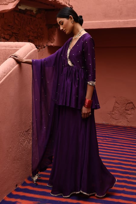 Buy_Deep Thee_Purple Chanderi Embroidery, Tassels V-neck Short Peplum Angrakha Set _Online_at_Aza_Fashions