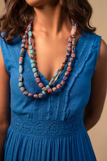 Buy_Label Reyya_Blue Rayon Crepe Embellished Lace V Neck Tiered Dress_Online_at_Aza_Fashions