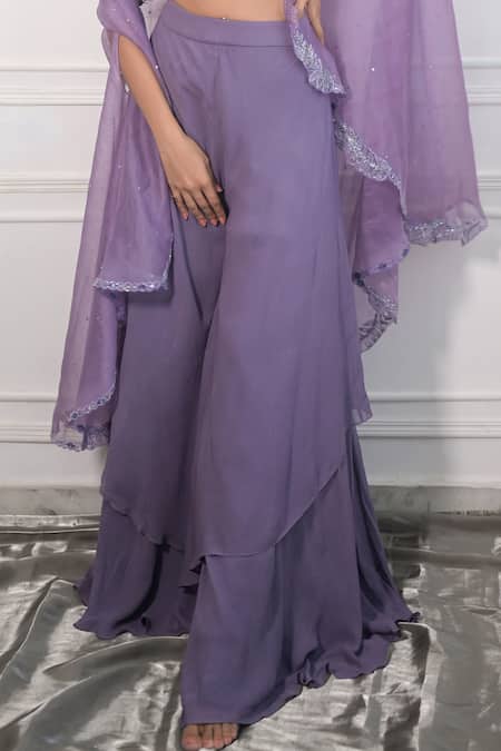 Shop_PIRI INDIA_Purple Georgette, Chanderi Sequins, Beads, Hand Embroidered Cape Palazzo Set _Online_at_Aza_Fashions