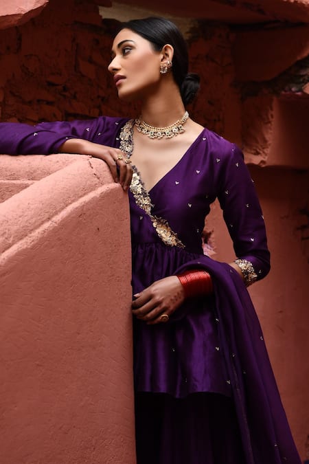 Shop Deep Thee Purple Chanderi Embroidery, Tassels V-neck Short Peplum Angrakha Set Online at Aza Fashions Shop_Deep Thee_Purple Chanderi Embroidery, Tassels V-neck Short Peplum Angrakha Set _Online_at_Aza_Fashions